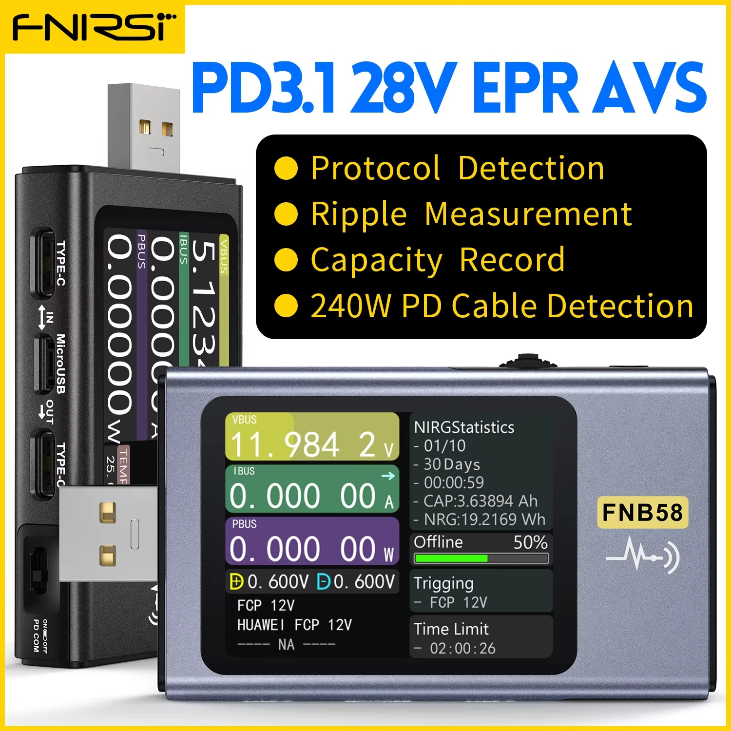 FNB58 USB เครื่องทดสอบโวลต์มิเตอร์แอมป์มิเตอร์ TYPE-C Fast Charge Detection Trigger การวัดความจุ Ripple การวัด - Image 2